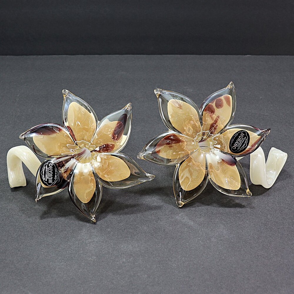 Murano Art Glass Flowers Spiral Stems Iridescent Brown & Tan Lillies Set of 2